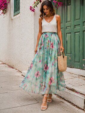Lightweight Flowy Floral Midi Skirt Green Pink Sheer Overlay Elastic Waist - M